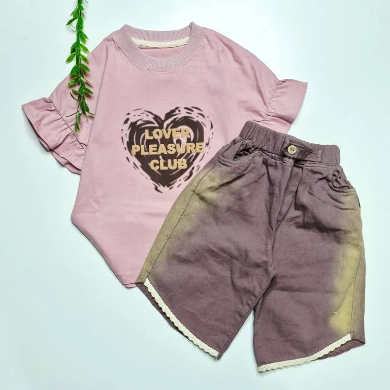 ست تیشرت باکسی پنبه و شلوارک کتان دخترانه مدل قلبی