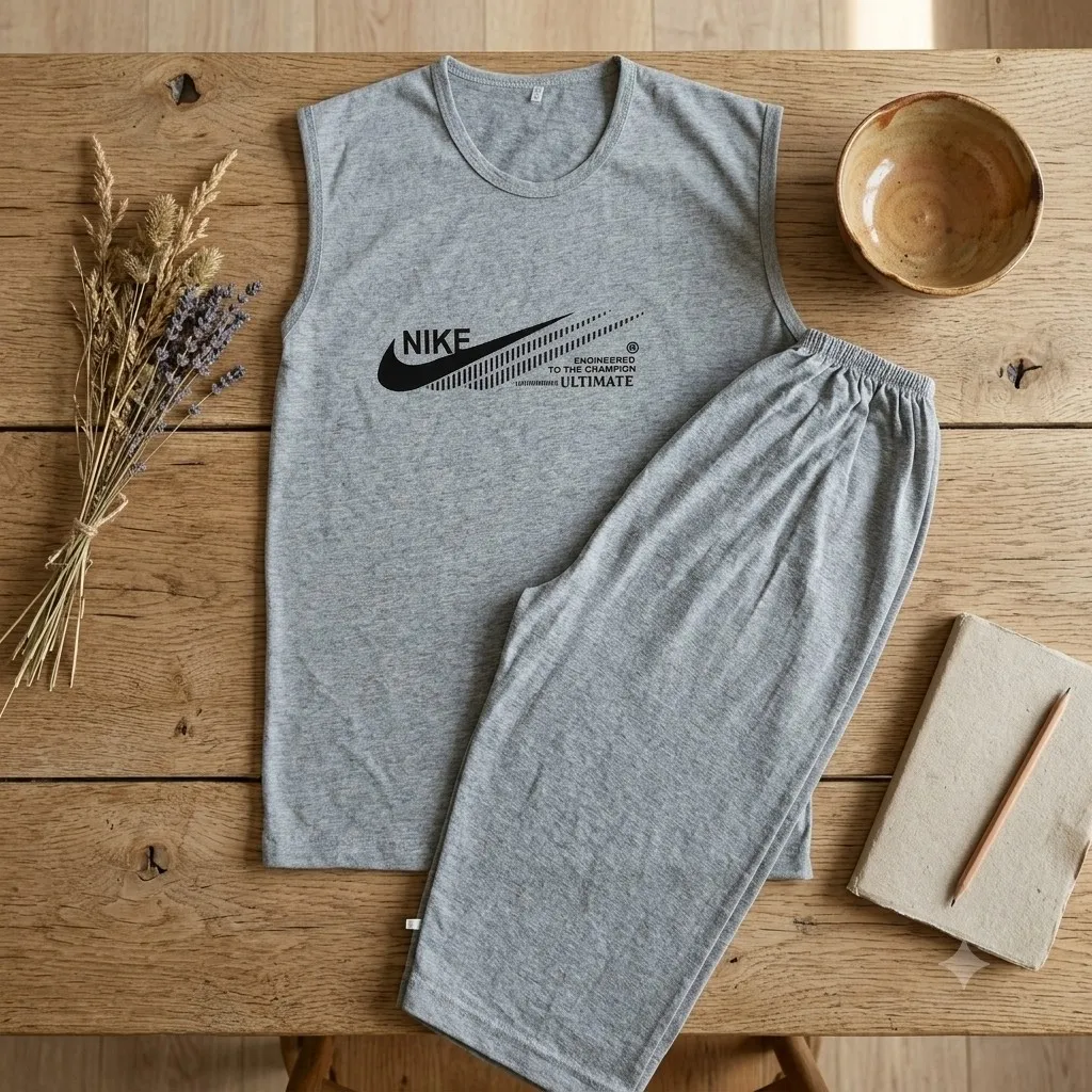 ست تاپ و شلوارک مردانه طرح نایکی جنس نخ پنبه و ملانژ رنگ طوسی