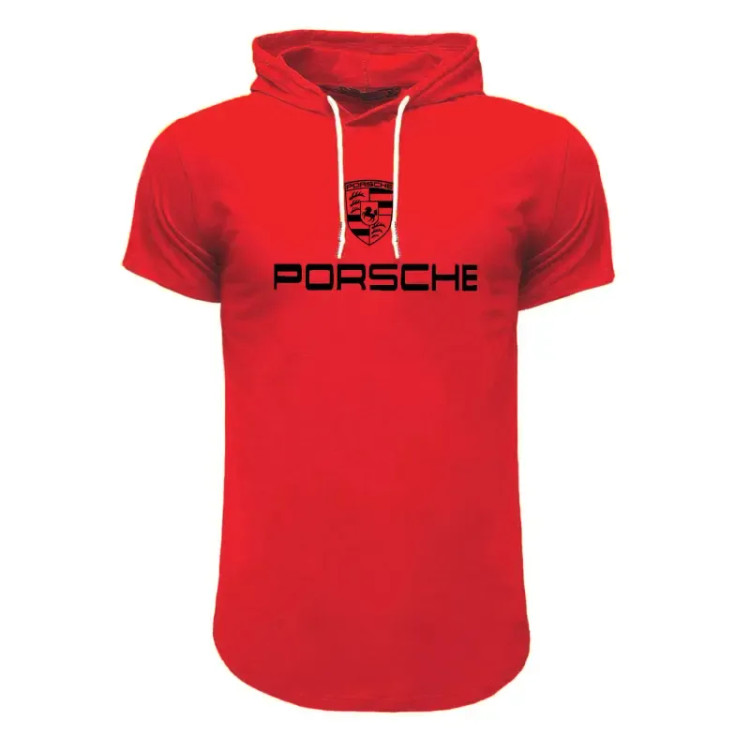 تیشرت کلاه دار مردانه طرح Porsche مدل F8057 مشکی قرمز سفید