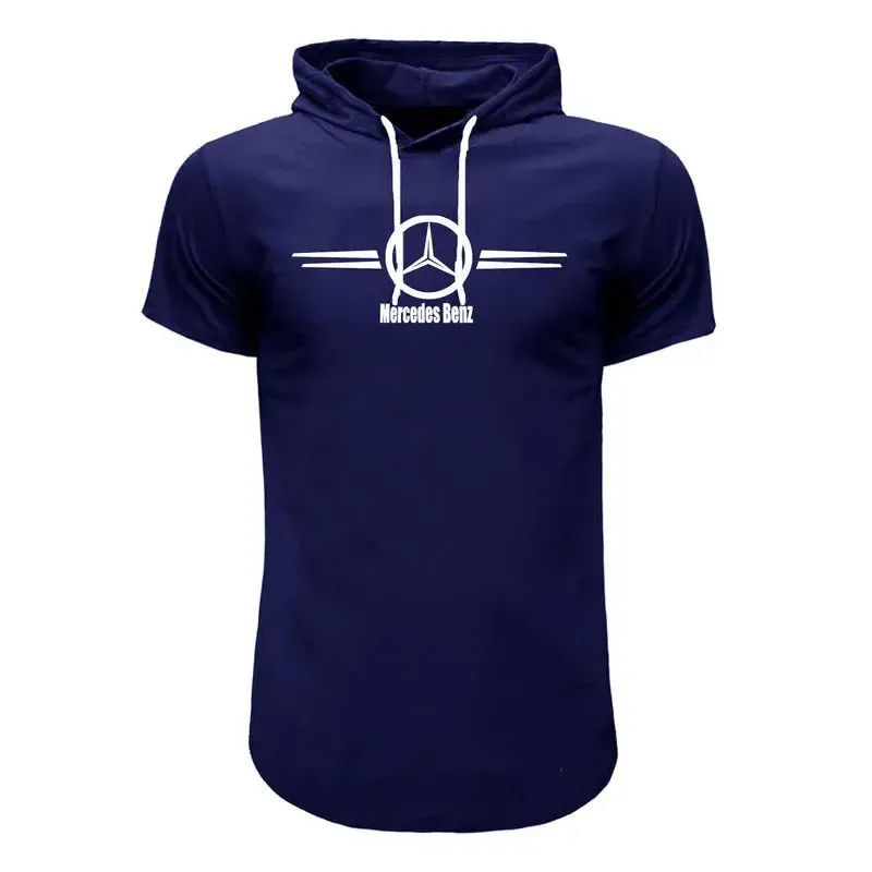 تیشرت کلاه دار مردانه سورمه ای طرح بنز آستین کوتاه نخی سایز L XL 2XL