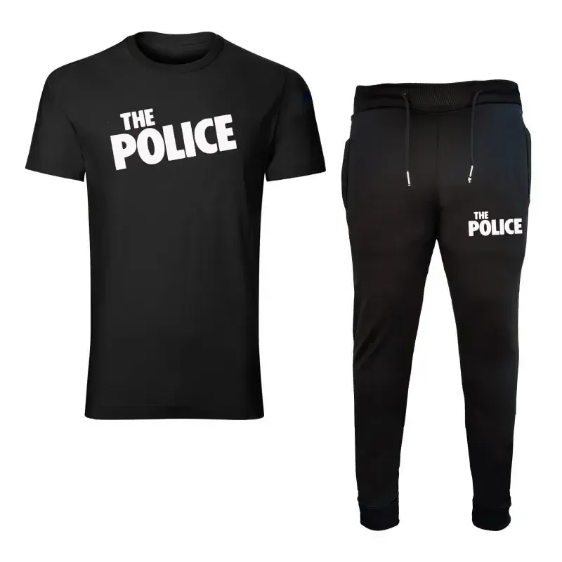 ست تیشرت آستین کوتاه یقه گرد و شلوار مردانه طرح polis مدل e4656 مشکی جنس نخ کمر کش دم پا کش