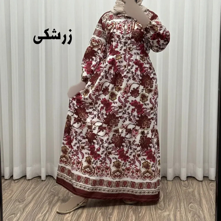 پیراهن فلور بوگاتی حاشیه دار نخی فری سایز تا 50 بنددار چهارفصل زنانه شیک